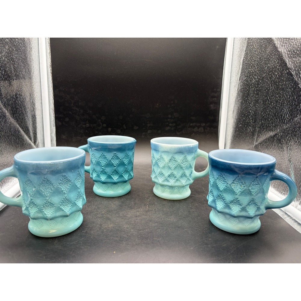 Vintage Fire-King Kimberly Mugs Blue Teal Diamond Milk Glass Set of 4